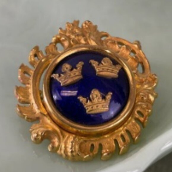 Vintage Sporrong & Co. Stockholm Blue Enamel 3 Crown Gold Brooch Pin Swedish - Picture 10 of 16